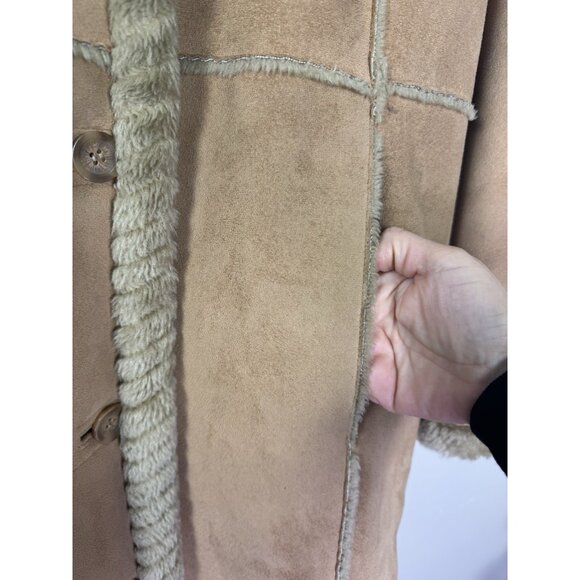 Womens XL Penny Lane Tan Faux Suede Maxi Hooded Full Length Faux Fur Trim Coat - Picture 5 of 15